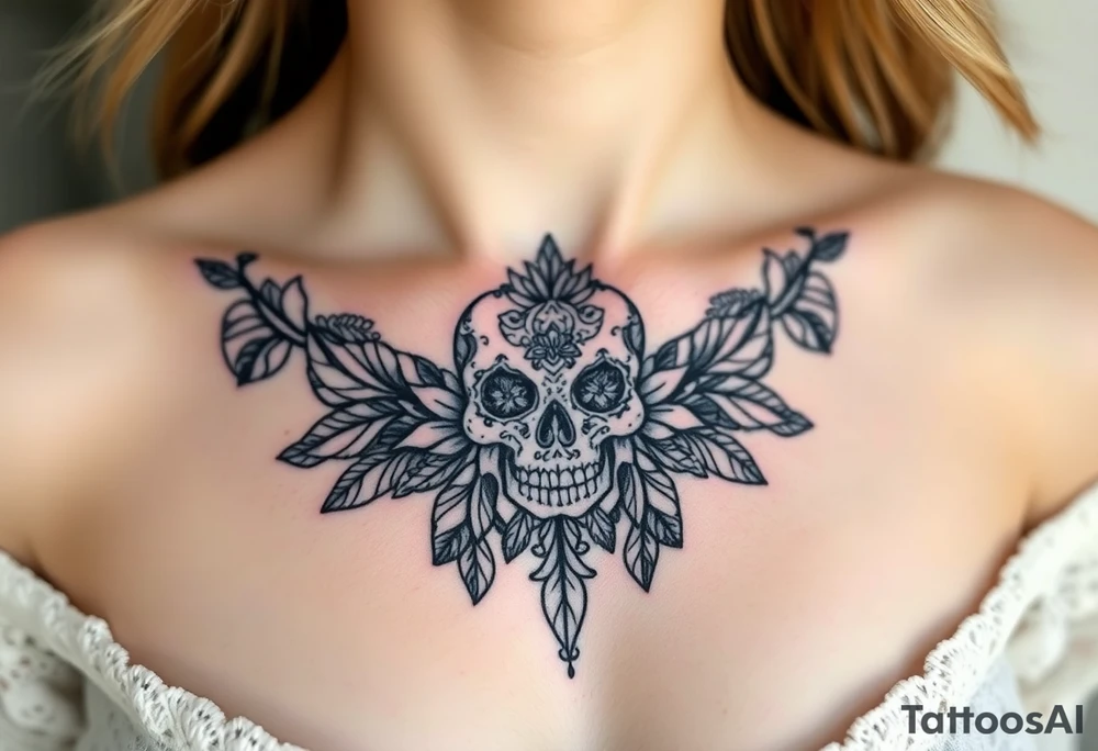 Stunning sternum tattoo with lace and elegant mandala skull tattoo idea