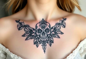 Stunning sternum tattoo with lace and elegant mandala skull tattoo idea