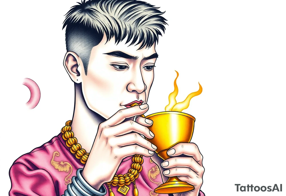 Handsome Asian young guy is drinking from medieval golden cup tattoo idea