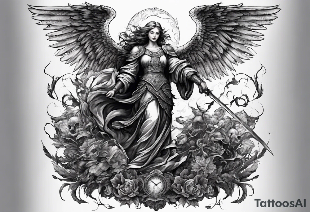 Angel with long sword on a pile of dead demons in etchwork style tattoo idea