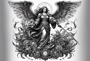 Angel with long sword on a pile of dead demons in etchwork style tattoo idea