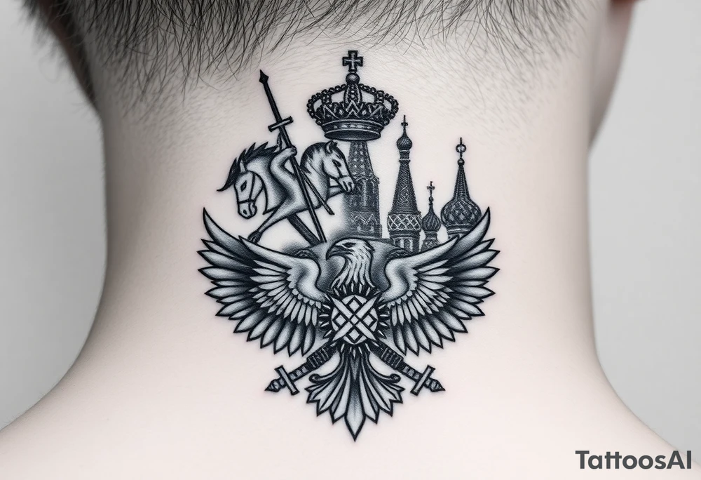 St. George slaying the dragon (hugely common in Russian Orthodox art)
Russian imperial crown above the eagle
Crossed swords or a Russian sabre
The Kremlin or St. Basil's Cathedral scene tattoo idea