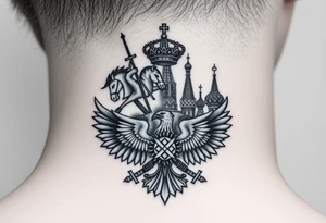 St. George slaying the dragon (hugely common in Russian Orthodox art)
Russian imperial crown above the eagle
Crossed swords or a Russian sabre
The Kremlin or St. Basil's Cathedral scene tattoo idea