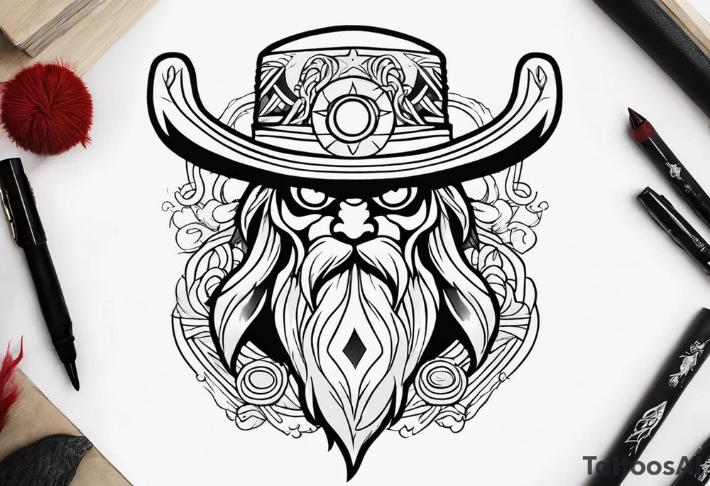 crea a Zeus con un rastreador de dragón ball el sombrero de luffy y el Sharingan todo en estilo tradicional americano tattoo idea