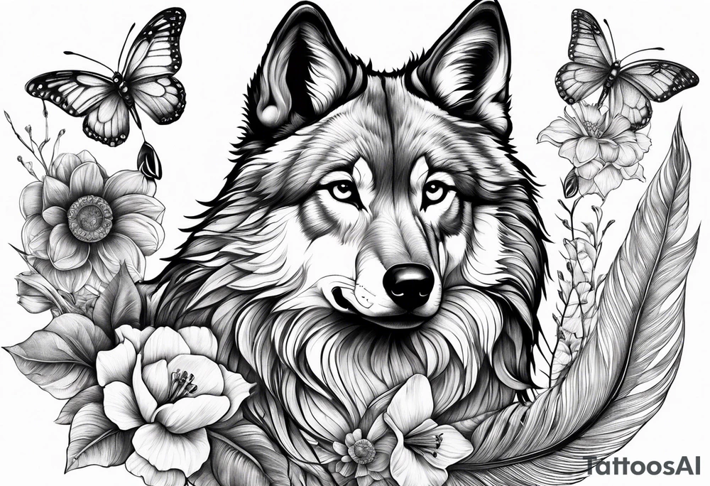 Wolf puppy, peacock feather, butterfly, narcissus flower, hummingbird tattoo idea