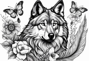 Wolf puppy, peacock feather, butterfly, narcissus flower, hummingbird tattoo idea