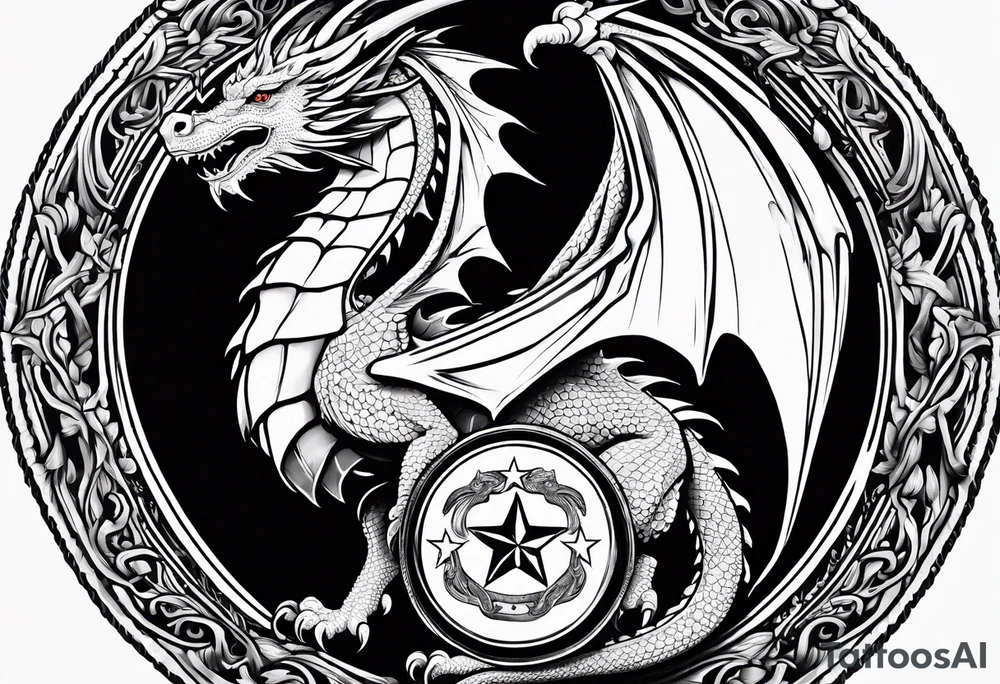 Welsh dragon holding a texas star as a shield tattoo idea