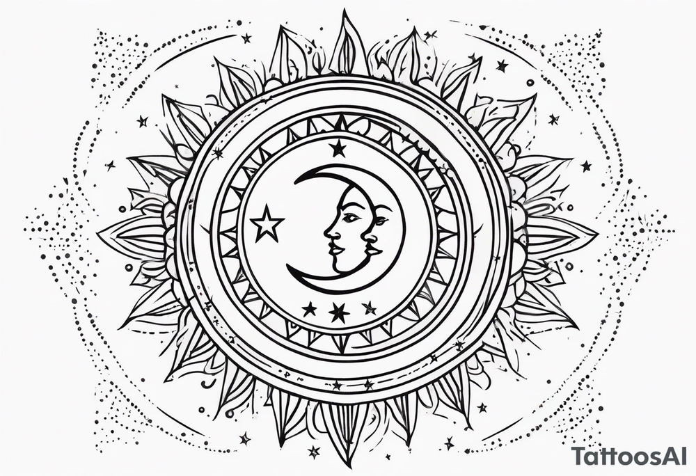 Western sun stars and moon. Mirrored with swirls and dots and stars tattoo idea