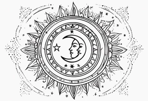 Western sun stars and moon. Mirrored with swirls and dots and stars tattoo idea