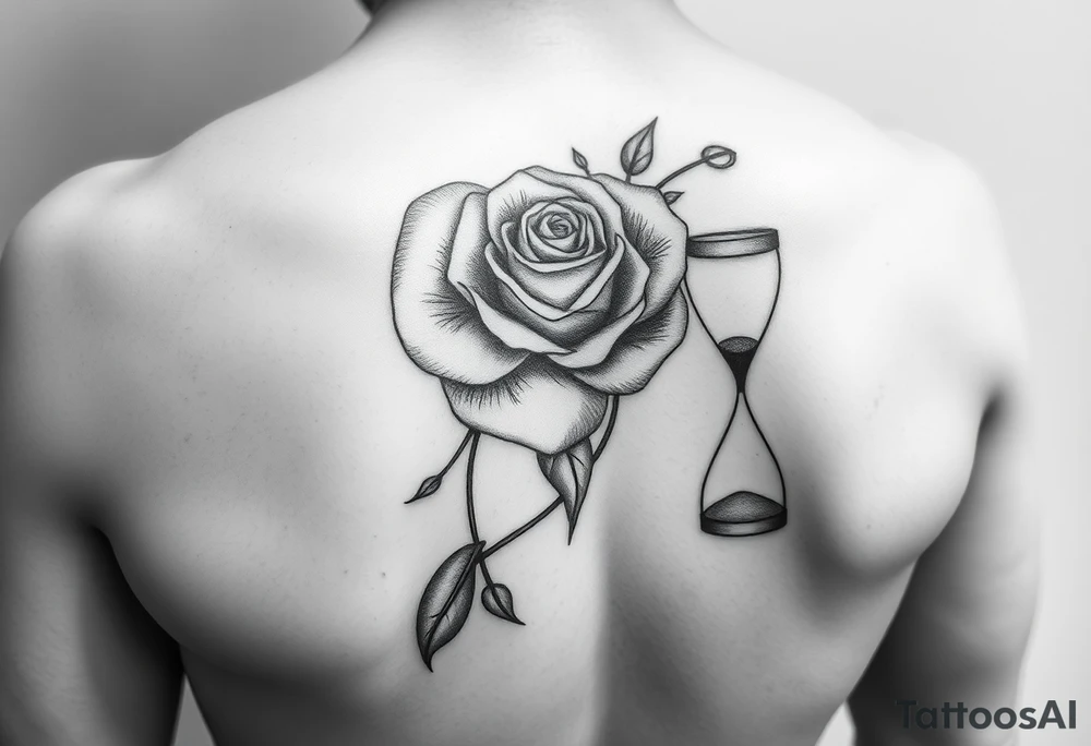 Arose in the shape of a heart with pieces of the Rose blowing away in the wind and the other half an hourglass with the sand out of time black and white feminine realistic for the top of my shoulder 
Shouldernot my back on my shoulder tattoo idea