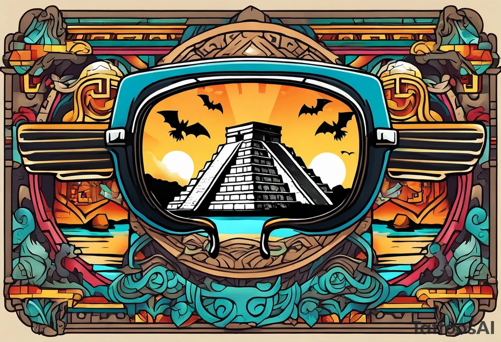 Colorful Mayan hieroglyph wearing sunglasses with reflection of Chichen Itza with bats and water and caves tattoo idea