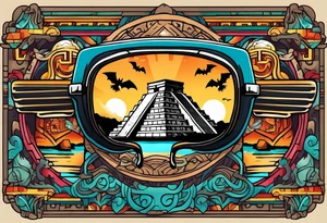Colorful Mayan hieroglyph wearing sunglasses with reflection of Chichen Itza with bats and water and caves tattoo idea