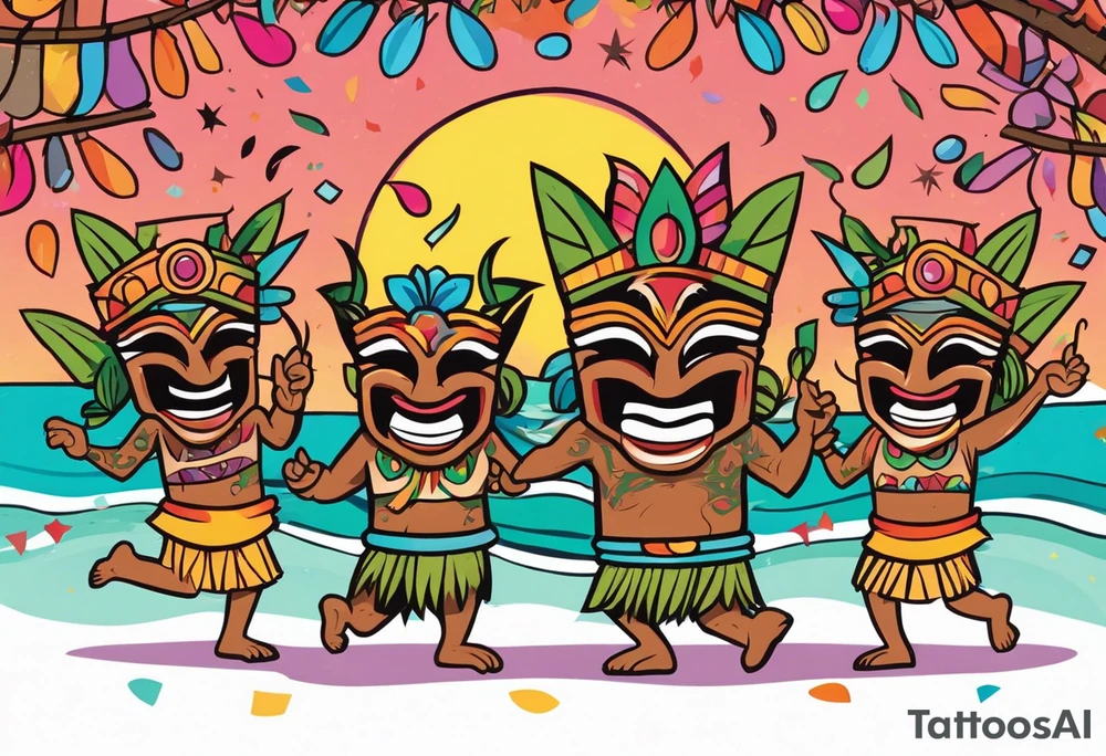 hulu tiki party with dancing tiki guys and sexy tiki girls on a beach with music notes and confetti around a blank space in the middle tattoo idea