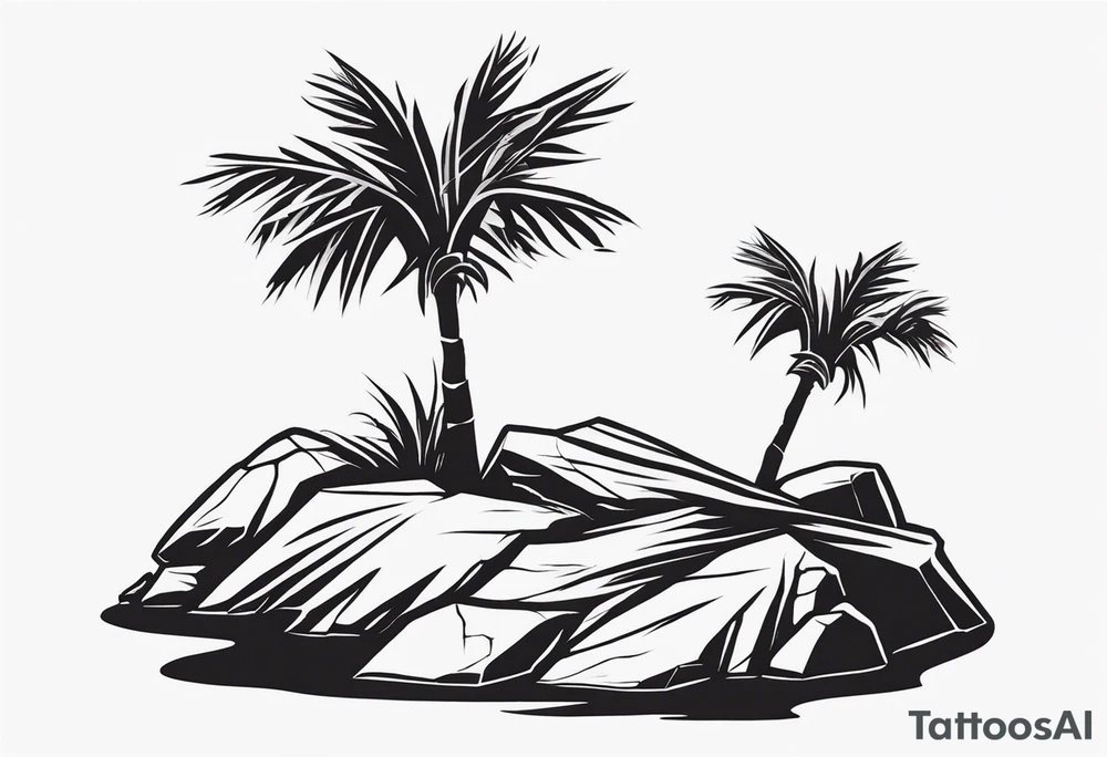 A wax palm grows resiliently from rocky soil, symbolizing growth and resilience. The tree roots are embedded in cracked rock, with a hint of water flowing from the rocks to signify life and nourishment. The design emphasizes the strength of nature’s endurance, with the wax palm standing tall and vibrant. tattoo idea