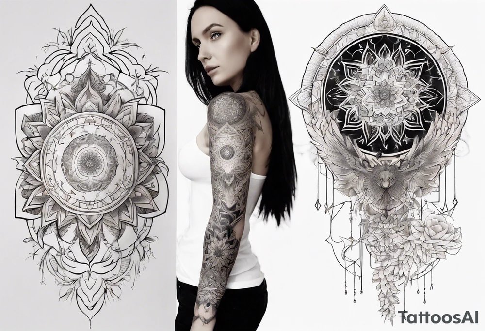 Sleeve tattoo on a woman's arm. Phoenix and mandala gold Flower and mandala Metatron's cube sacred geometry tattoo idea