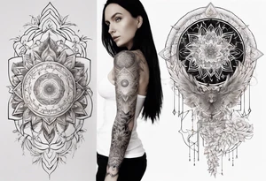 Sleeve tattoo on a woman's arm. Phoenix and mandala gold Flower and mandala Metatron's cube sacred geometry tattoo idea