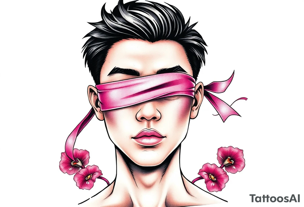 Handsome Asian young guy with 
 eyes covered with a ribbon tattoo idea