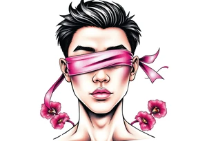 Handsome Asian young guy with 
 eyes covered with a ribbon tattoo idea