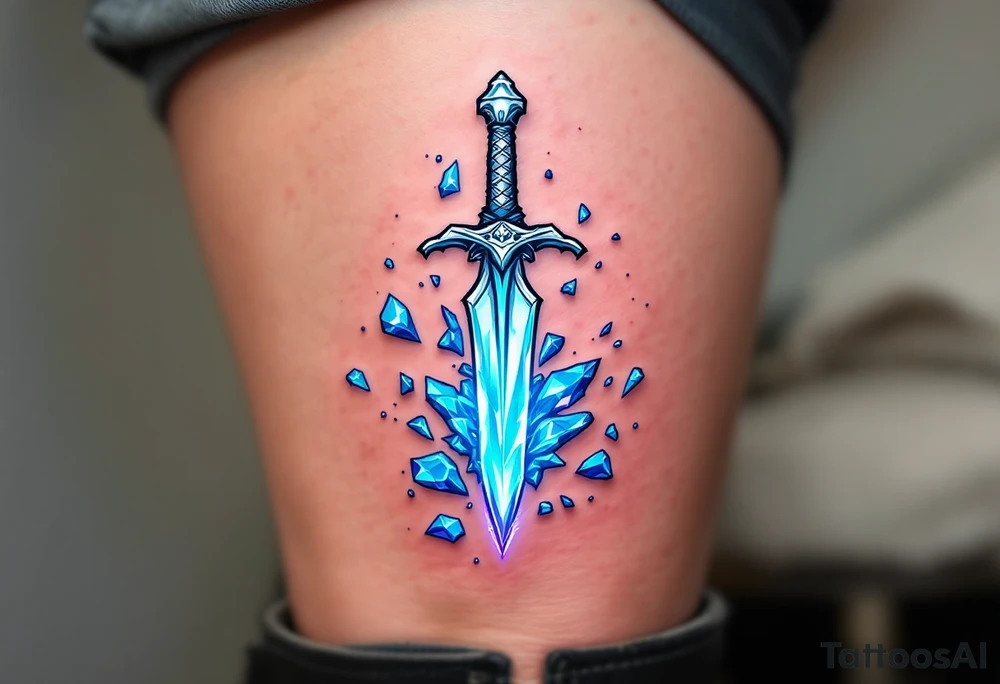 Abstract Dagger and Shards – A stylized dagger with shards of broken glass or crystals scattered around it. The dagger is silver with bright white reflections, while the shards are done in frosty blues and purples. tattoo idea