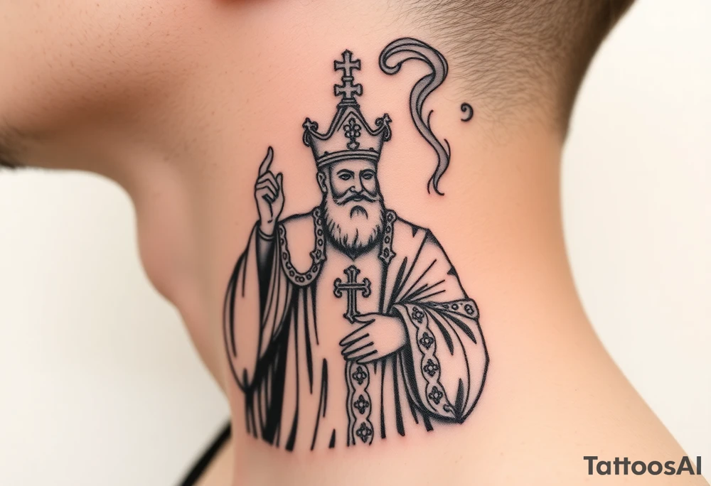 Russian Orthodox Priest in a fully detailed gold vestment swinging a censer with smoke curling upward tattoo idea