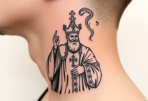 Russian Orthodox Priest in a fully detailed gold vestment swinging a censer with smoke curling upward tattoo idea