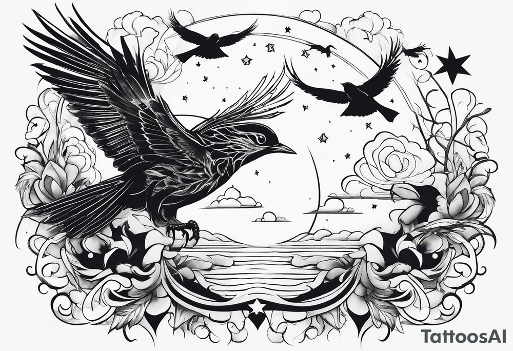 stars, clouds, birds tattoo idea