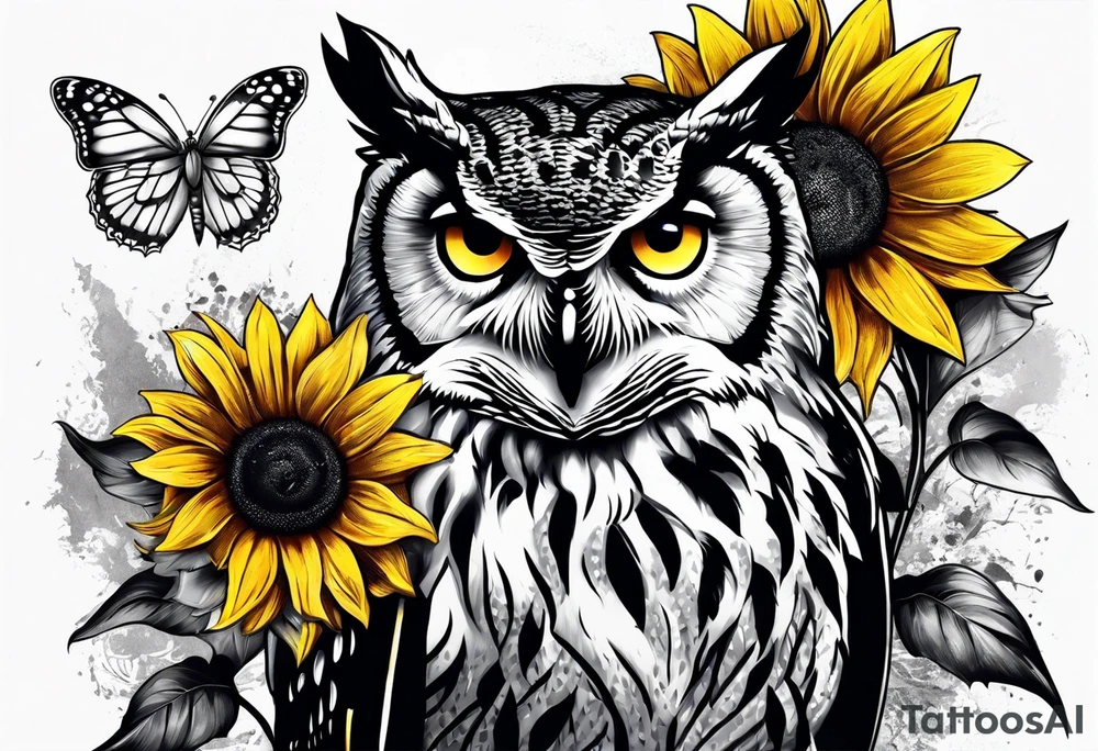 Owl, sunflower with a butterfly tattoo idea
