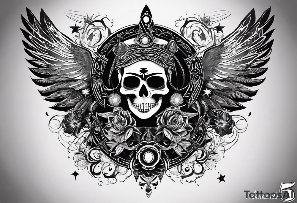 black kali, goddess pirate, alien, angel, pachamama, valkrye, warrior, flying, skull, lotus azul, wing, eagle, zenza resonance, stars, 5D, anahata chakra tattoo idea