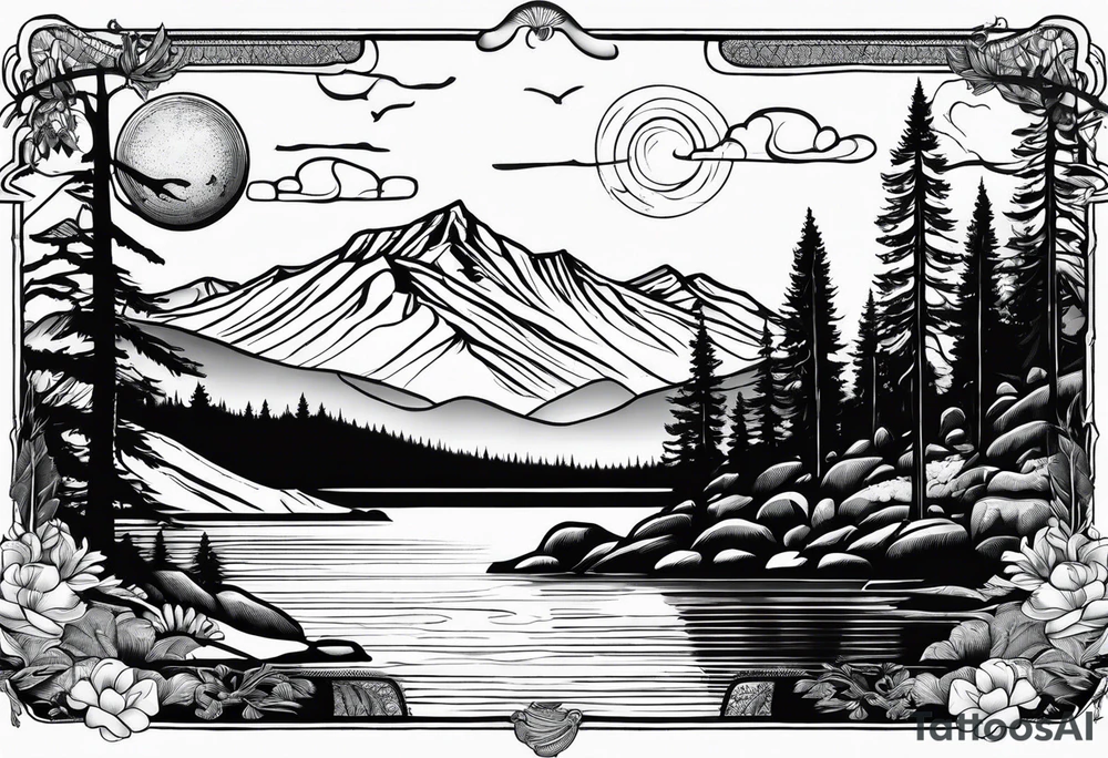 lake tahoe with mountains tattoo idea