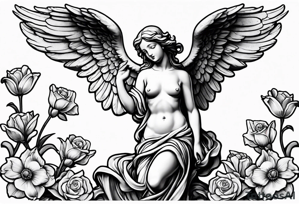 Simple Angel statue stood on a rock with daffodils and roses wrapped around its legs tattoo idea