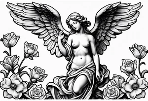 Simple Angel statue stood on a rock with daffodils and roses wrapped around its legs tattoo idea