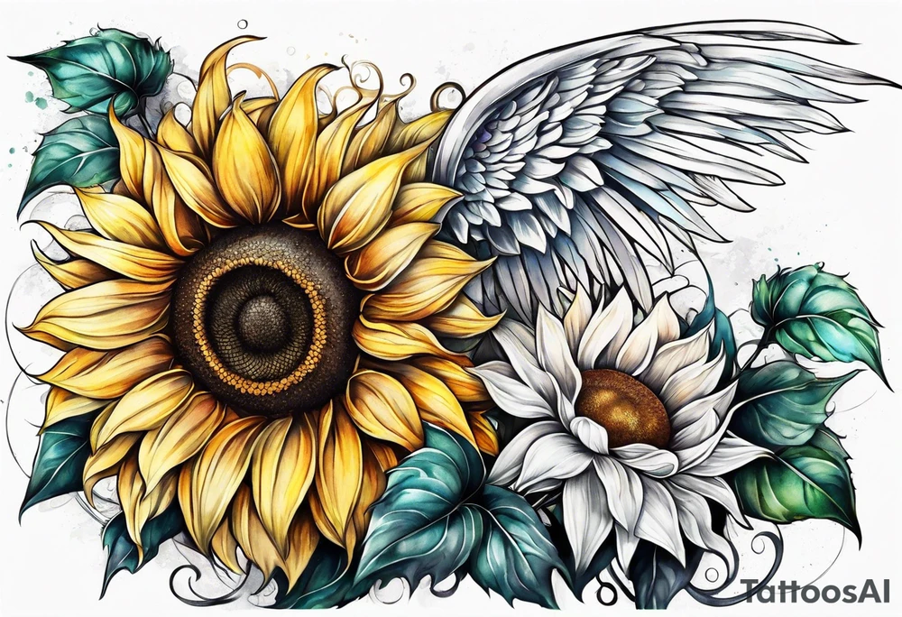 Sunflowers and angel wings leg sleeve tattoo idea