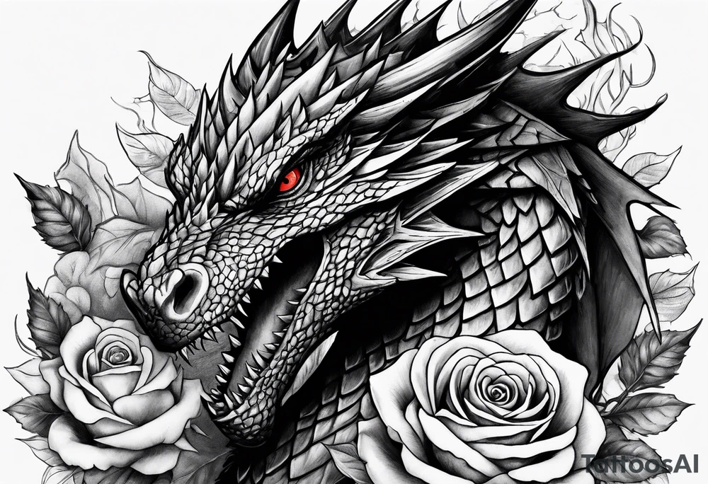 Drogon's face above some roses and thorns tattoo idea
