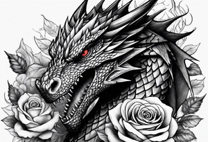 Drogon's face above some roses and thorns tattoo idea