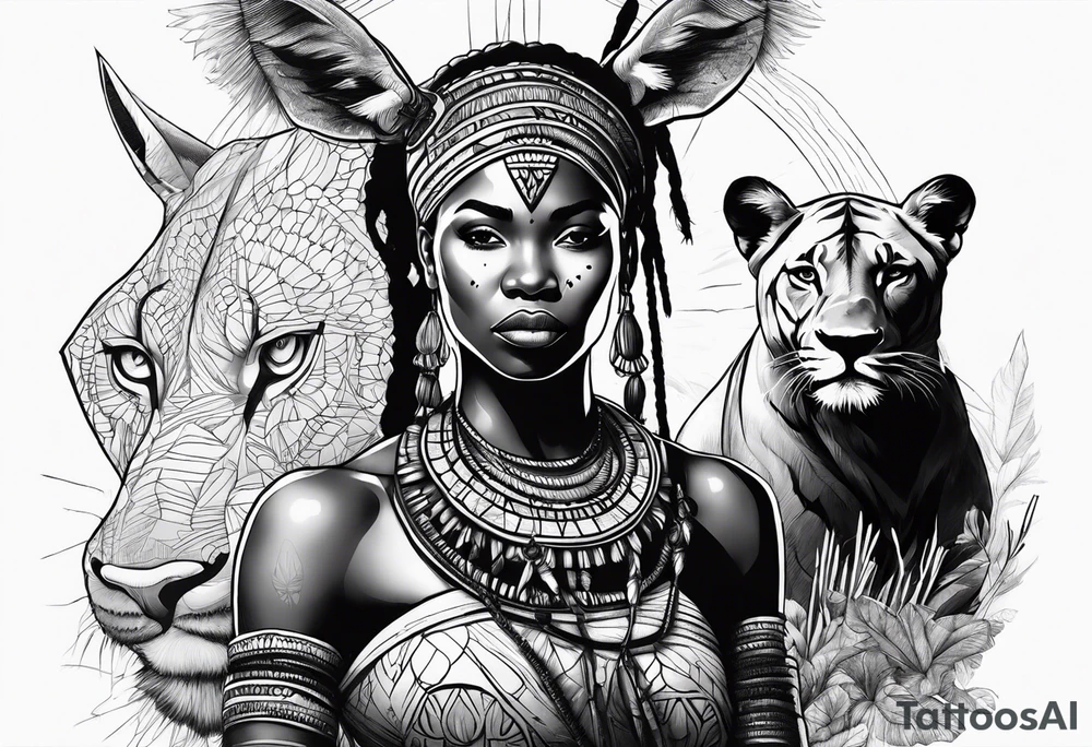 African woman warrior with tribe scars and spear in hand with animals in background tattoo idea