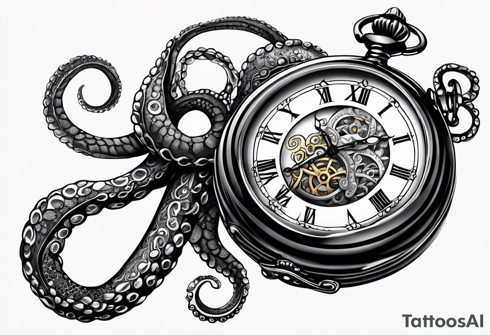 pocket watch wrapped under an aggressive octopus, side perspective tattoo idea