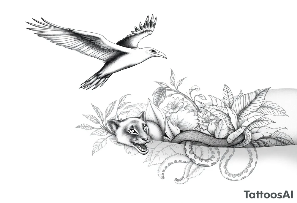 Fine line tattoo: Andean condor flying above Amazon rainforest, amongst the tropical foliage is a puma hiding with only its face exposed, towards the floor of the rainforest is a snake, also mostly hidden behind plants but its head and parts of its body are exposed. tattoo idea
