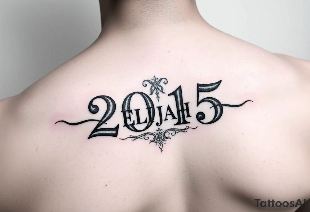 ROMAN NUMERALS equalling the year 2015, with an elegant name of ELIJAH placed within the center of the roman numerals tattoo idea