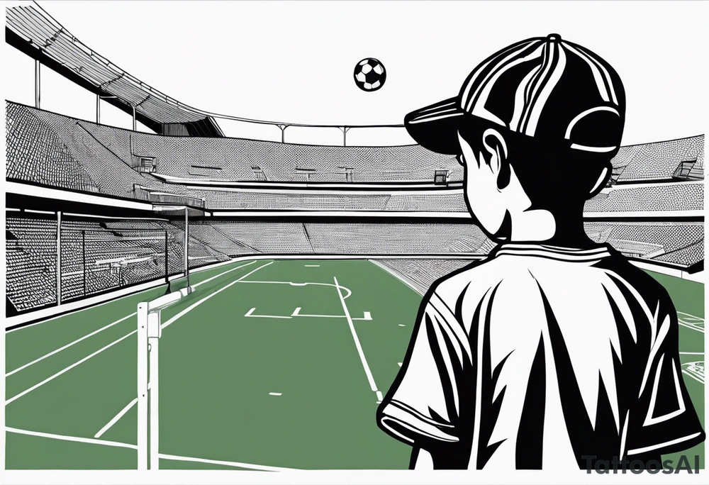 Draw me a young boy, with a football in his hand, looking over a wall to see a football field, he's over the school books to see over the wall tattoo idea