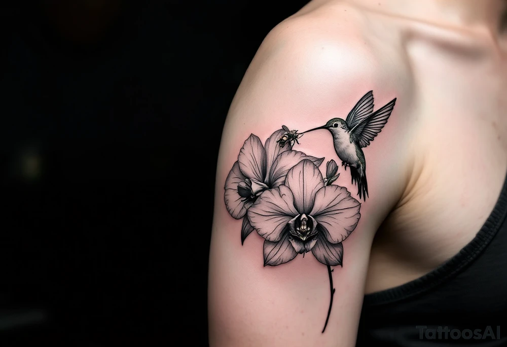 A delicate, black and white fine-line tattoo for male, featuring gracefully detailed 2 orchids in full bloom including their stems, with soft, intricate petals and elegant curves. Beside it, a hummingbird hovers mid-flight, its wings drawn with subtle motion lines, its slender beak reaching toward the orchid’s center to drink its nectar. on the other flower there is a bee that is resting tattoo idea
