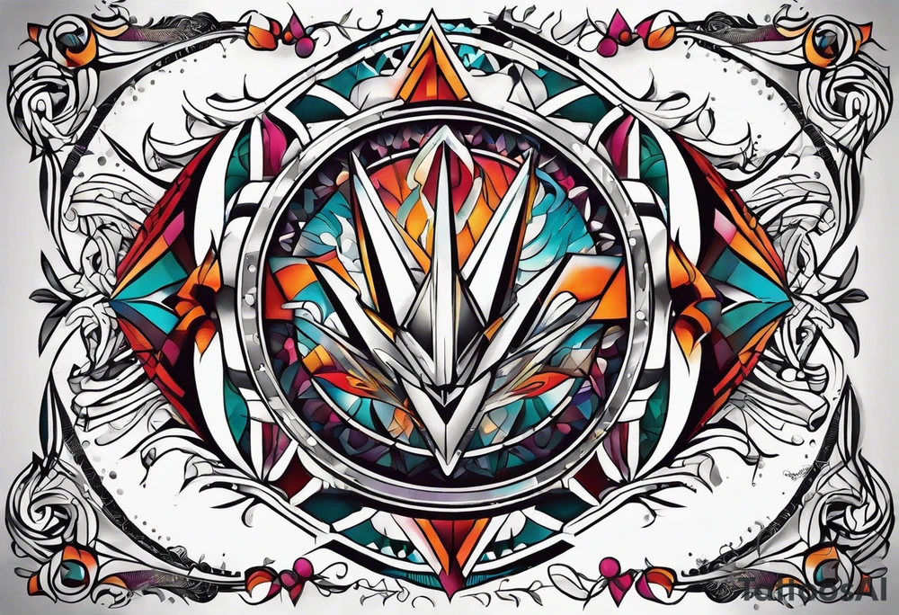 Bold geometric tapestry trident in colour on arm tattoo idea