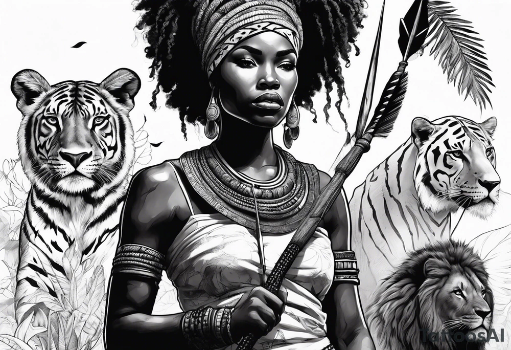 African woman warrior with tribe scars and spear in hand with animals in background tattoo idea