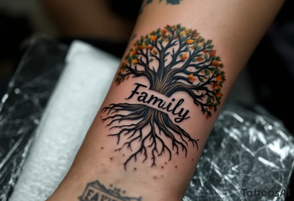 A large, detailed tree with branches and roots symbolizing family connections with the word "Family" engraved in tree trunk in deep brown, while the leaves are a mix of green, amber, and gold to represent growth and seasons. tattoo idea