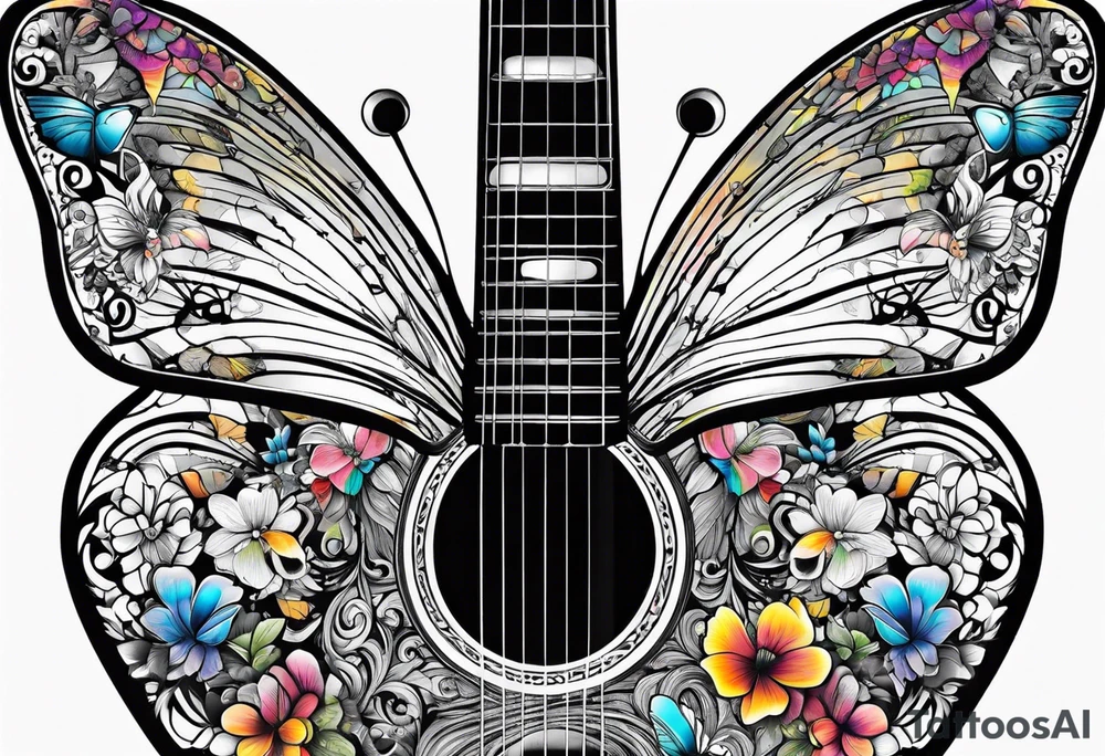Guitar, butterfly, rainbow, Halo tattoo idea