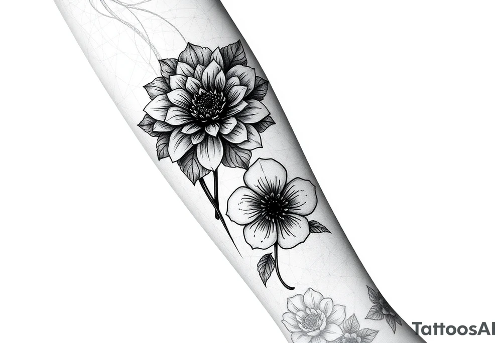 Design a detailed and artistic forearm tattoo featuring four symbolic flowers. Start with a dark, intense Black Dahlia at the upper part of the forearm, representing madness, with bold, sharp petals for a dramatic effect. Transition into a strong and structured Oakleaf Hydrangea to symbolize masculinity and resilience, with distinct oak-shaped leaves. Below it, integrate a delicate Anemone with soft petals and a dark center to symbolize searching and longing. Finish with a serene and elegant White Camellia near the wrist, symbolizing peace and purity. The design should flow naturally along the forearm, with the flowers gradually blending into one another. Use intricate linework, fine details, and a balance of dark and light shading to reflect the journey from madness to peace. The overall style should be realistic with a hint of abstract elements, enhancing the emotional narrative of the piece." tattoo idea