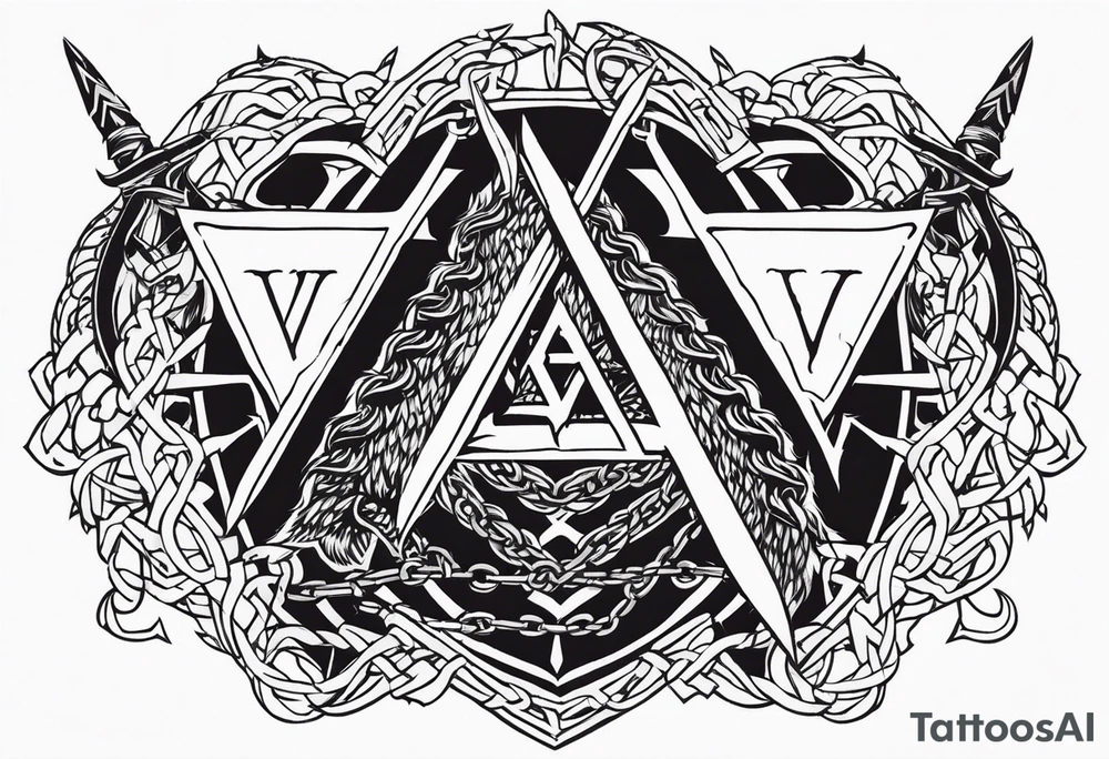 Valhalla sword shield dragon axe Valknut barbed wire chains tattoo idea Valhalla sword shield dragon axe Valknut barbed wire chains tattoo idea