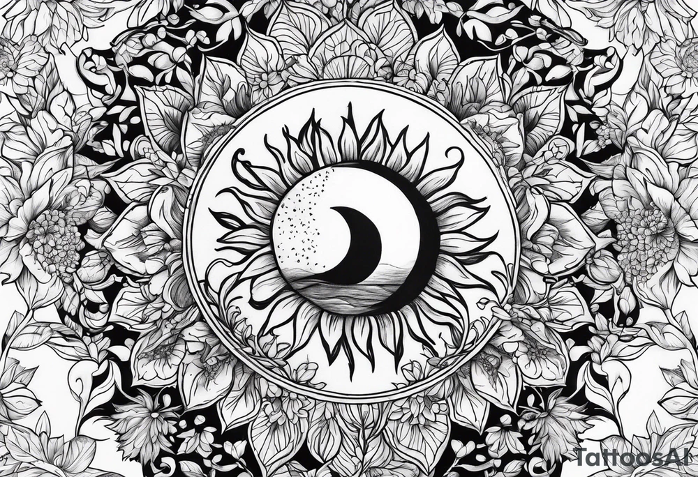 flowers around sun tattoo idea