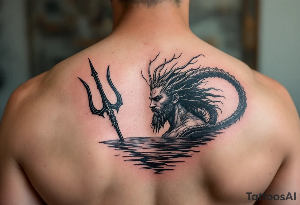 fit young poseidon with trident half way in calm water tattoo idea