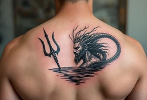 fit young poseidon with trident half way in calm water tattoo idea