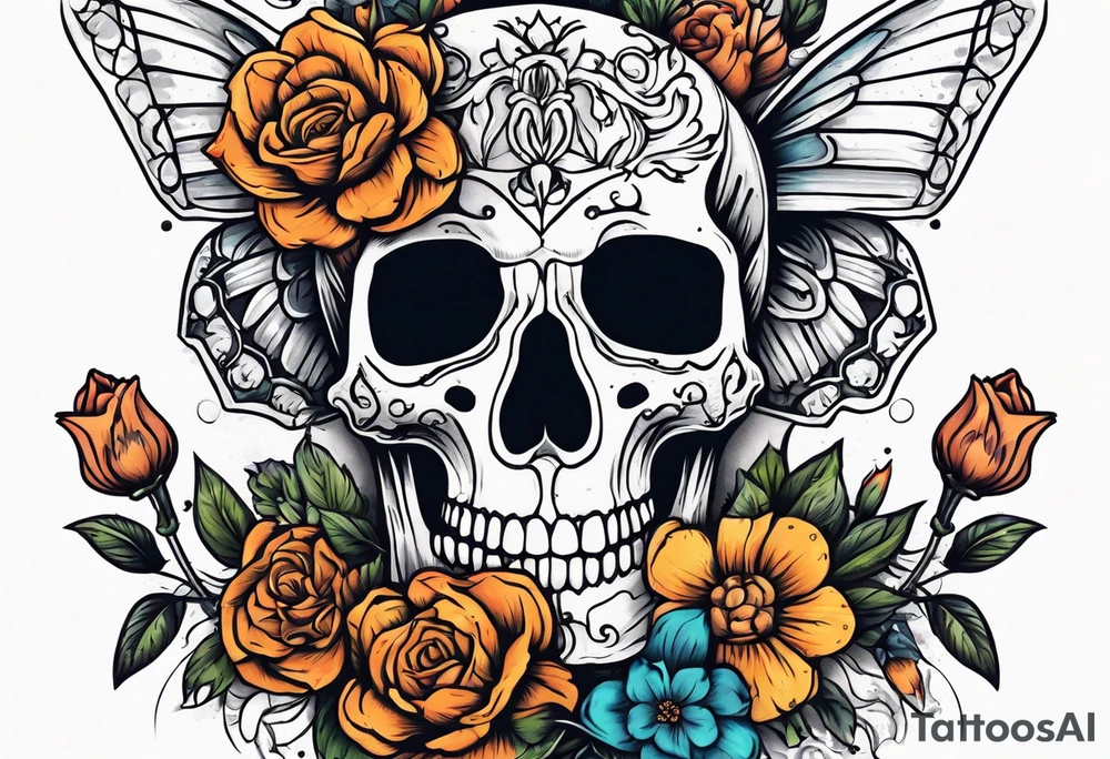 skeleton with body and flowers around it vintage sketch tattoo idea